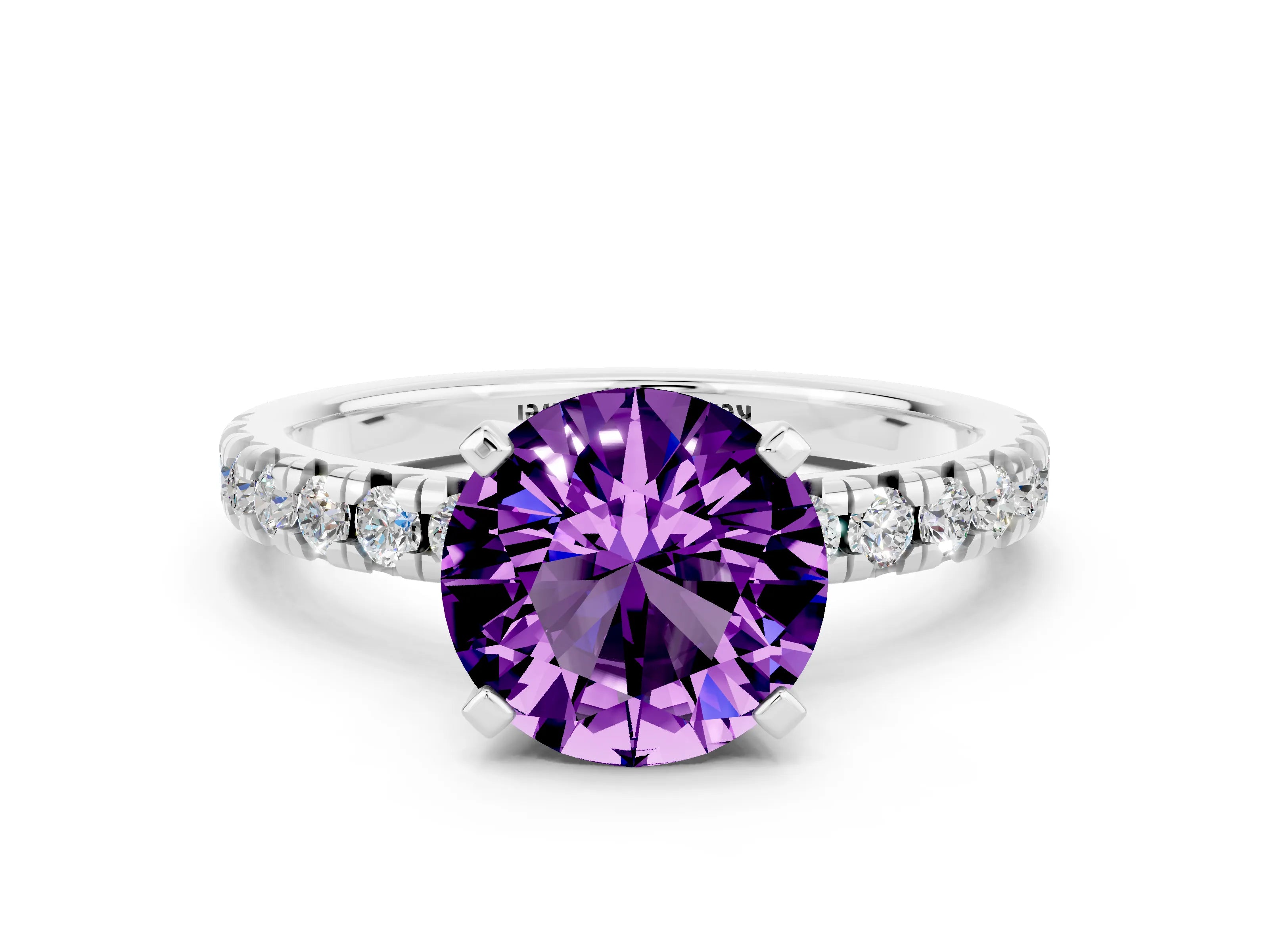 White gold Round Cut Solitaire Pave Diamond Engagement Ring with Four-Prong Setting