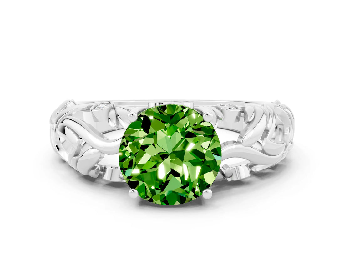 White gold Round Cut Solitaire Peridot Leaf-Inspired Vine Band Ring with Prong Setting