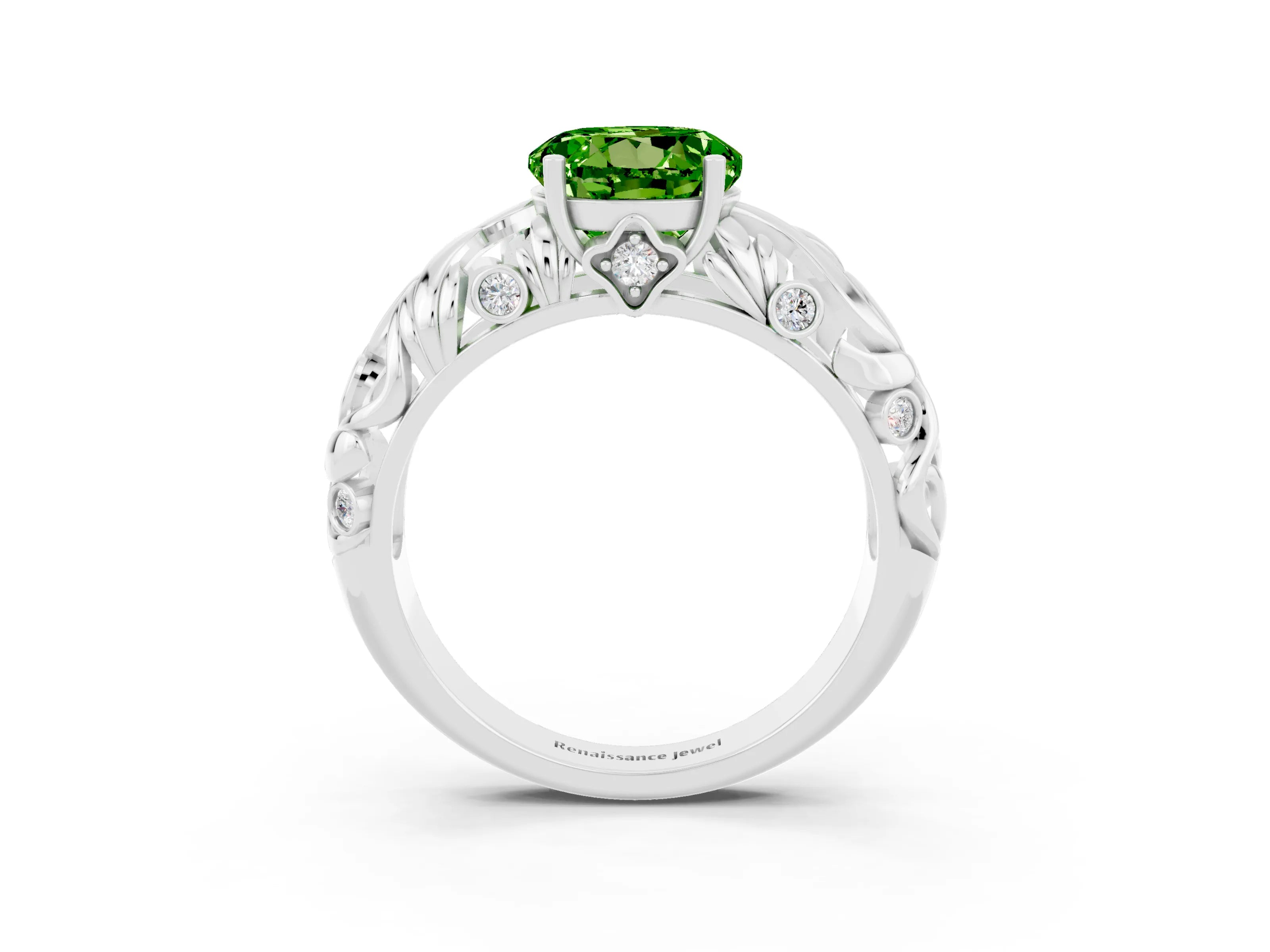 White gold Round Cut Solitaire Peridot Leaf-Inspired Vine Band Ring with Prong Setting_3