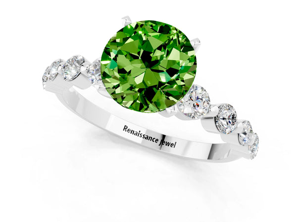 Platinum Round Cut Solitaire Peridot Ring with Pave Band and Four-Prong Setting