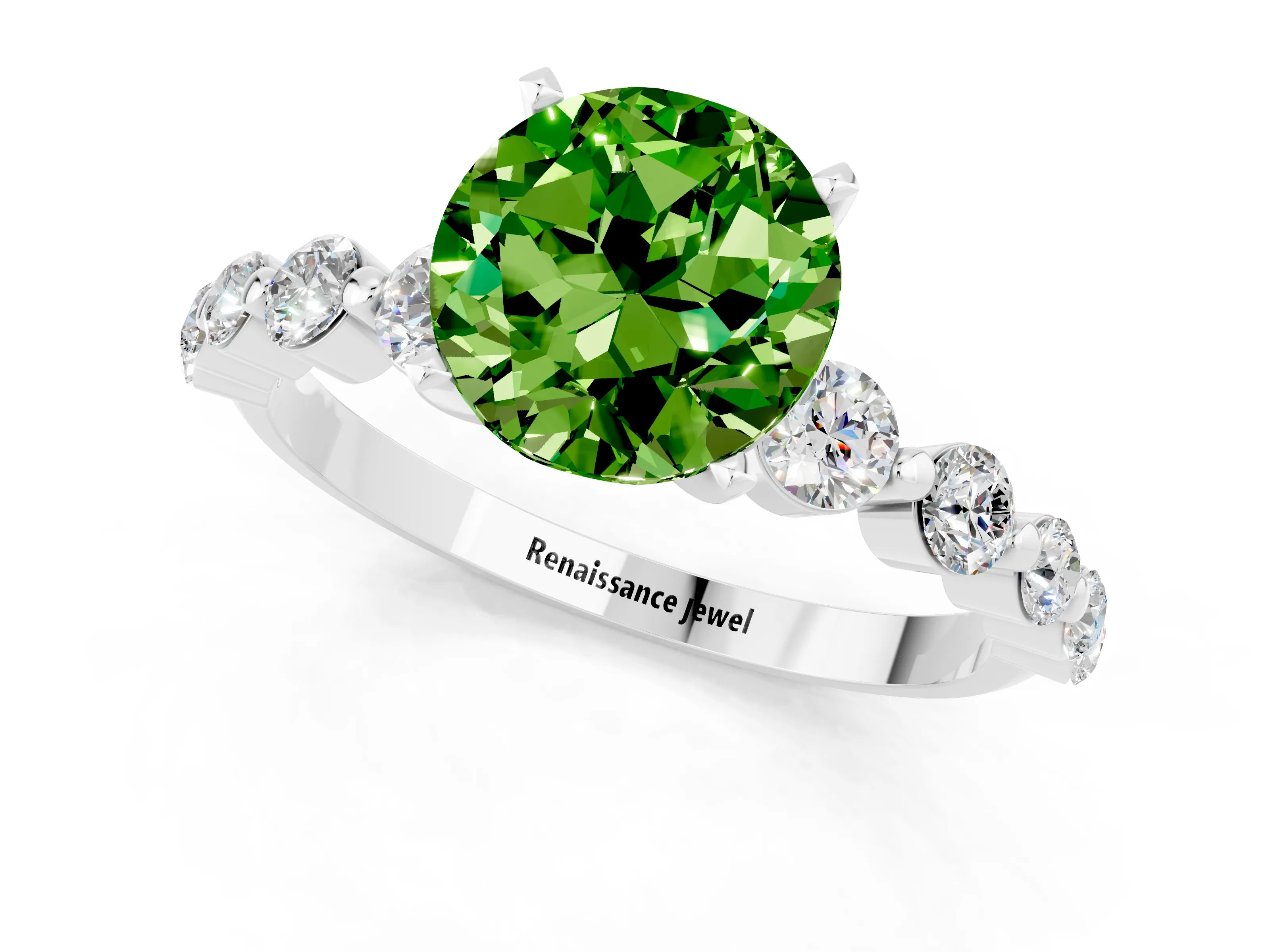 White gold Round Cut Solitaire Peridot Ring with Pave Band and Four-Prong Setting_1