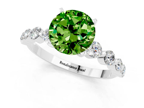 White gold Round Cut Solitaire Peridot Ring with Pave Band and Four-Prong Setting_1