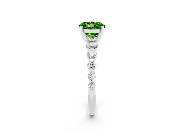 Platinum Round Cut Solitaire Peridot Ring with Pave Band and Four-Prong Setting