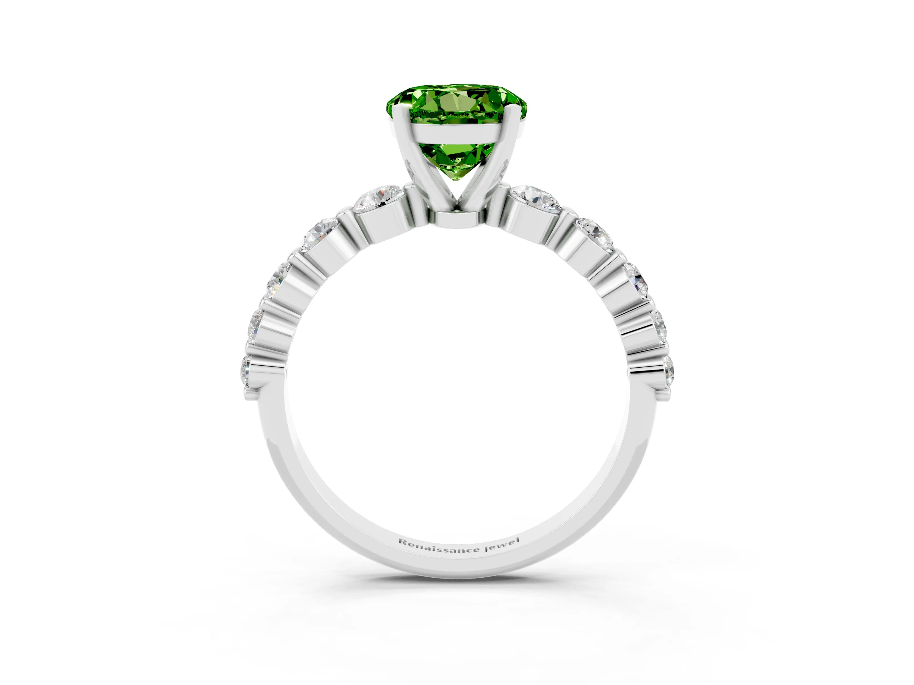 White gold Round Cut Solitaire Peridot Ring with Pave Band and Four-Prong Setting_3
