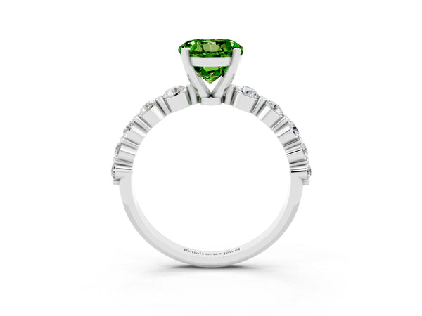 Platinum Round Cut Solitaire Peridot Ring with Pave Band and Four-Prong Setting
