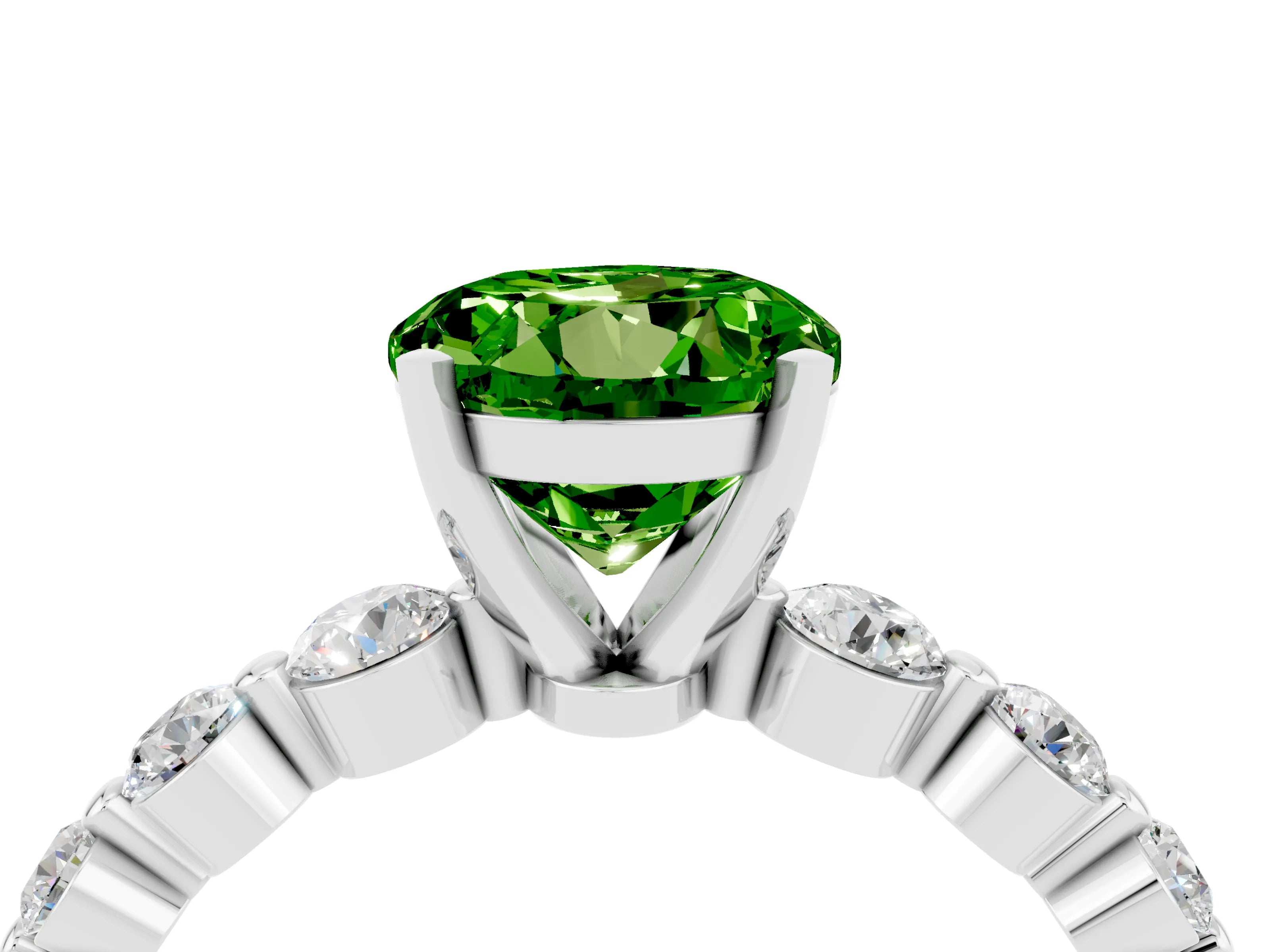 White gold Round Cut Solitaire Peridot Ring with Pave Band and Four-Prong Setting_4