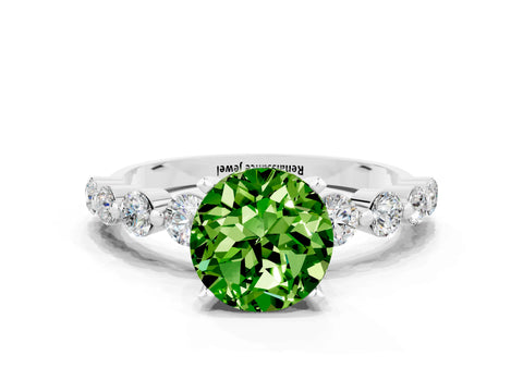White gold Round Cut Solitaire Peridot Ring with Pave Band and Four-Prong Setting