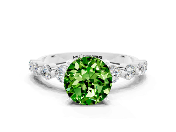 Silver Round Cut Solitaire Peridot Ring with Pave Band and Four-Prong Setting