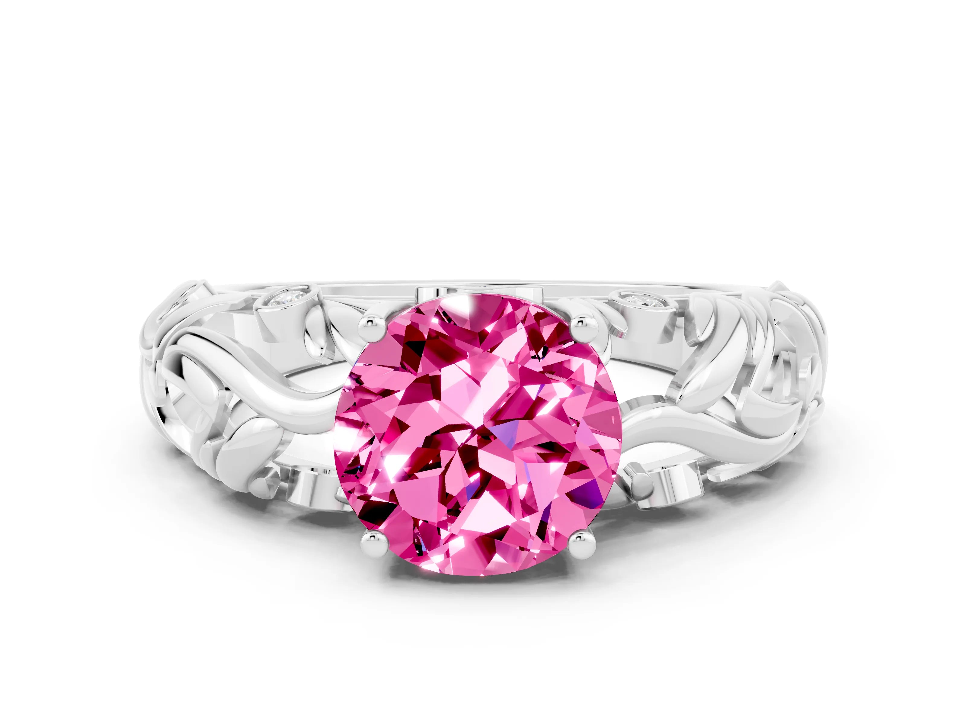 White gold Round Cut Solitaire Pink Sapphire Leaf-Inspired Vine Band Ring with Prong Setting_24