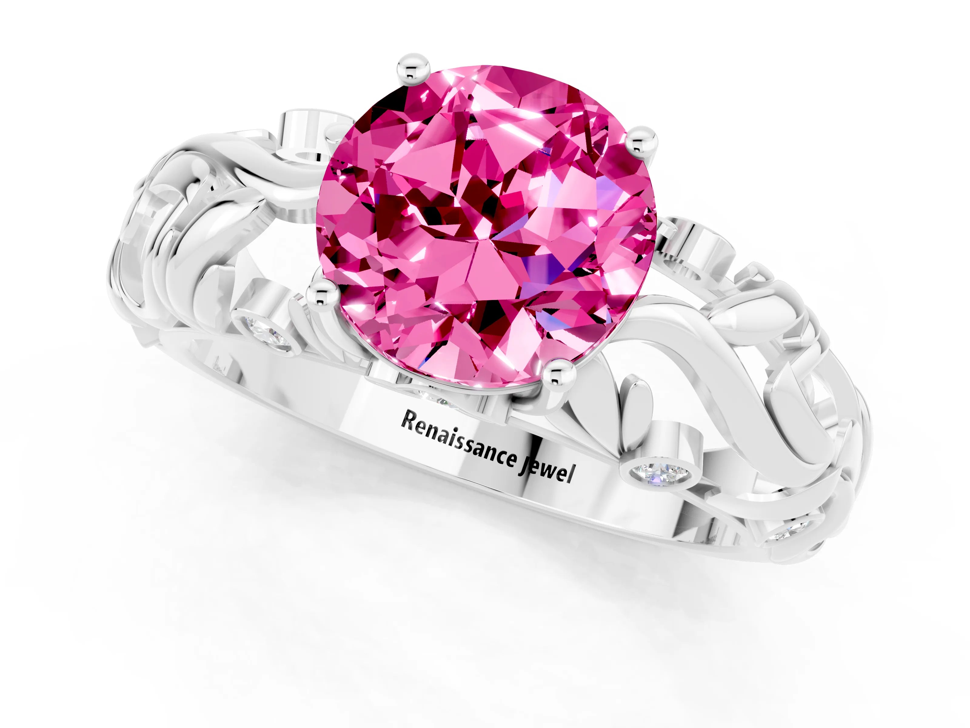 White gold Round Cut Solitaire Pink Sapphire Leaf-Inspired Vine Band Ring with Prong Setting_25