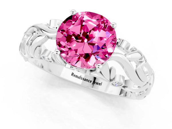 Platinum Round Cut Solitaire Pink Sapphire Leaf-Inspired Vine Band Ring with Prong Setting
