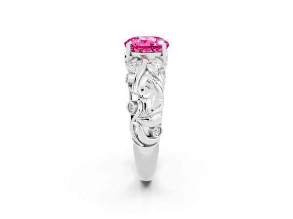 White gold Round Cut Solitaire Pink Sapphire Leaf-Inspired Vine Band Ring with Prong Setting