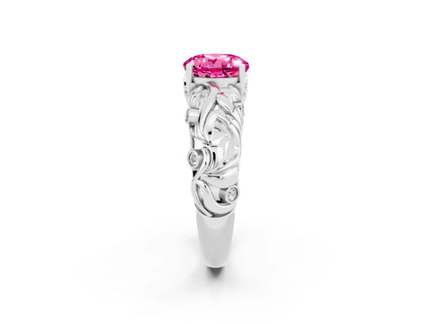 White gold Round Cut Solitaire Pink Sapphire Leaf-Inspired Vine Band Ring with Prong Setting_26