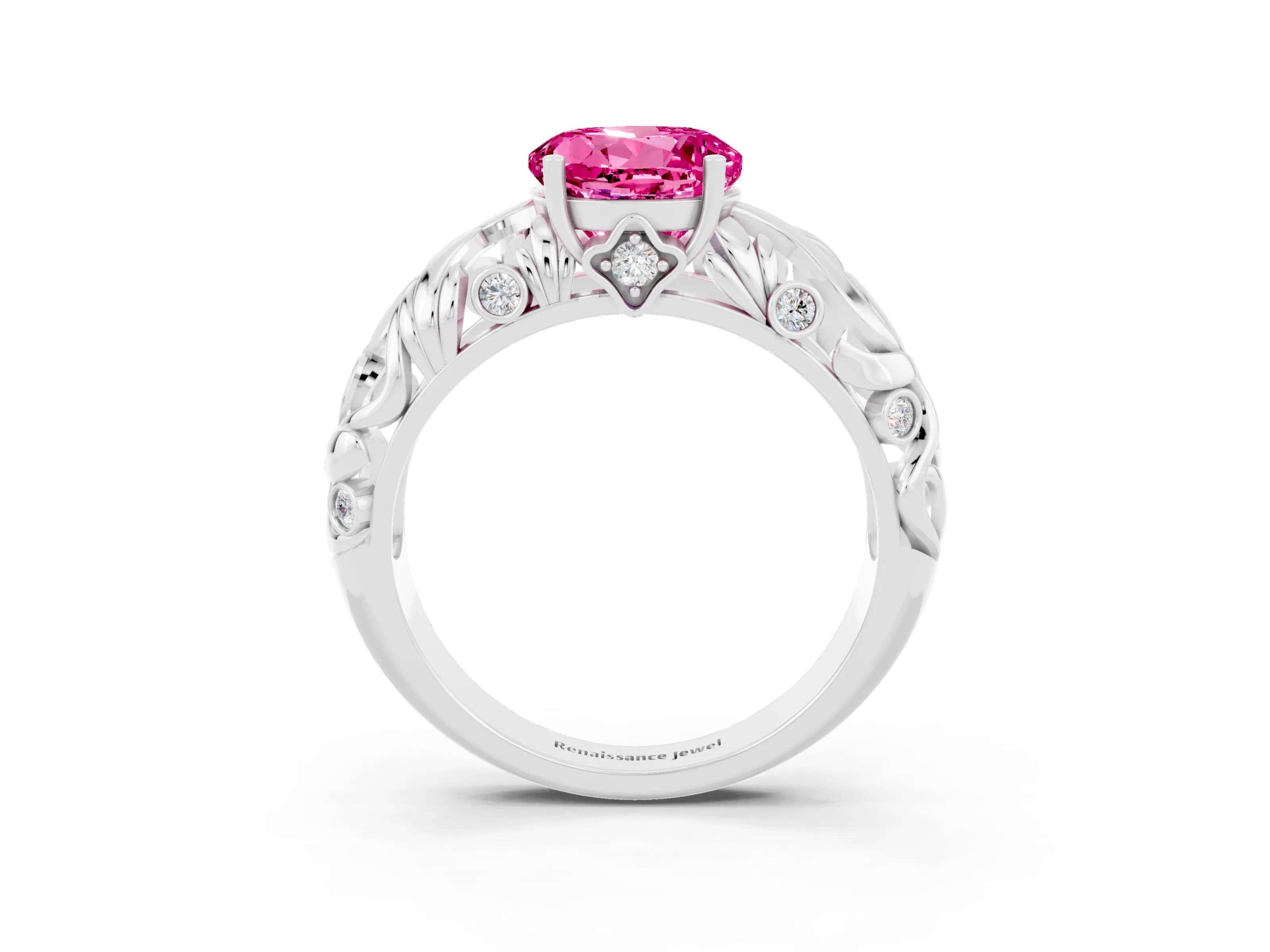 White gold Round Cut Solitaire Pink Sapphire Leaf-Inspired Vine Band Ring with Prong Setting_27