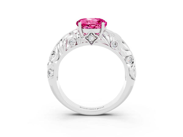 Platinum Round Cut Solitaire Pink Sapphire Leaf-Inspired Vine Band Ring with Prong Setting