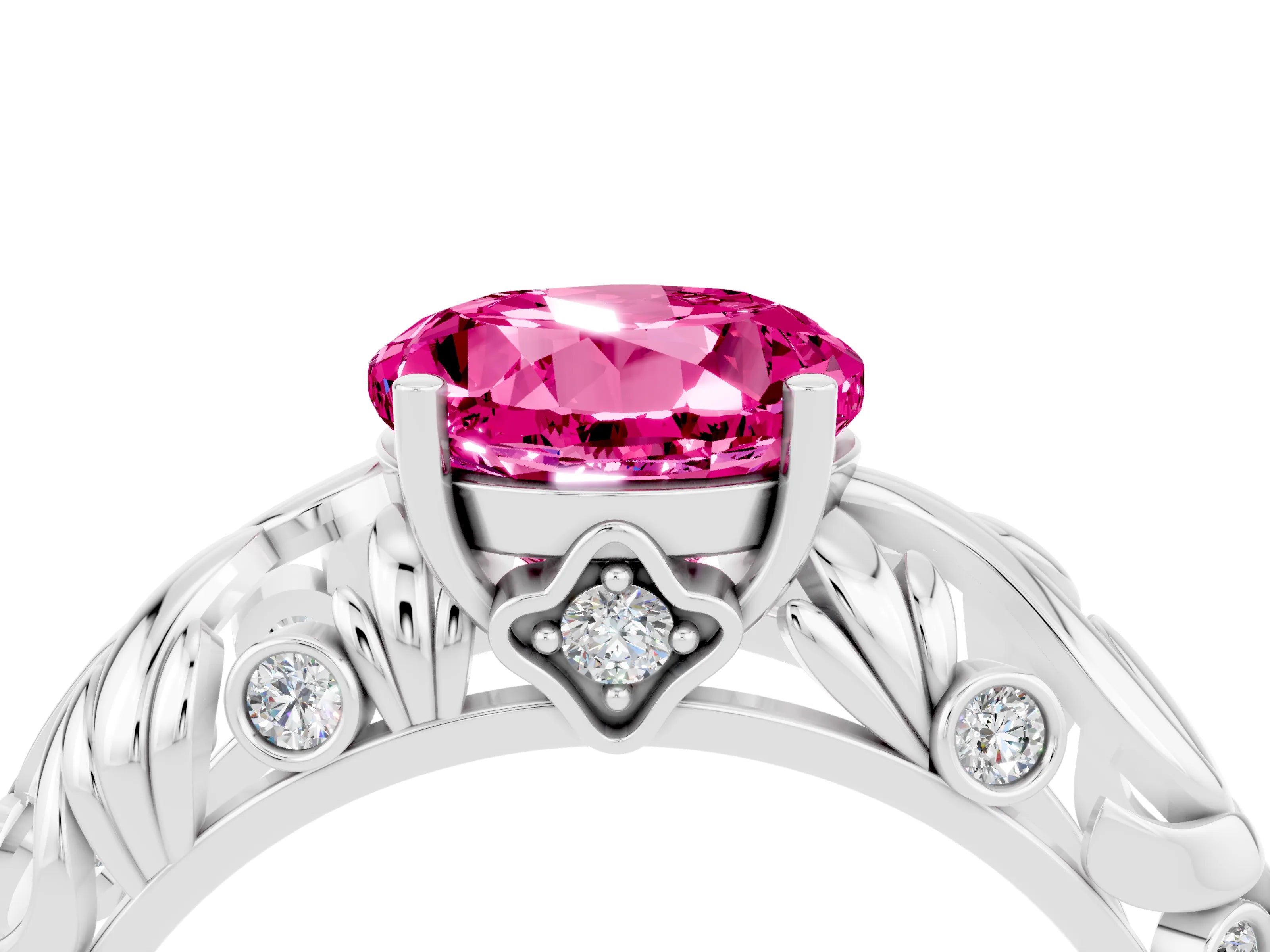 White gold Round Cut Solitaire Pink Sapphire Leaf-Inspired Vine Band Ring with Prong Setting_28