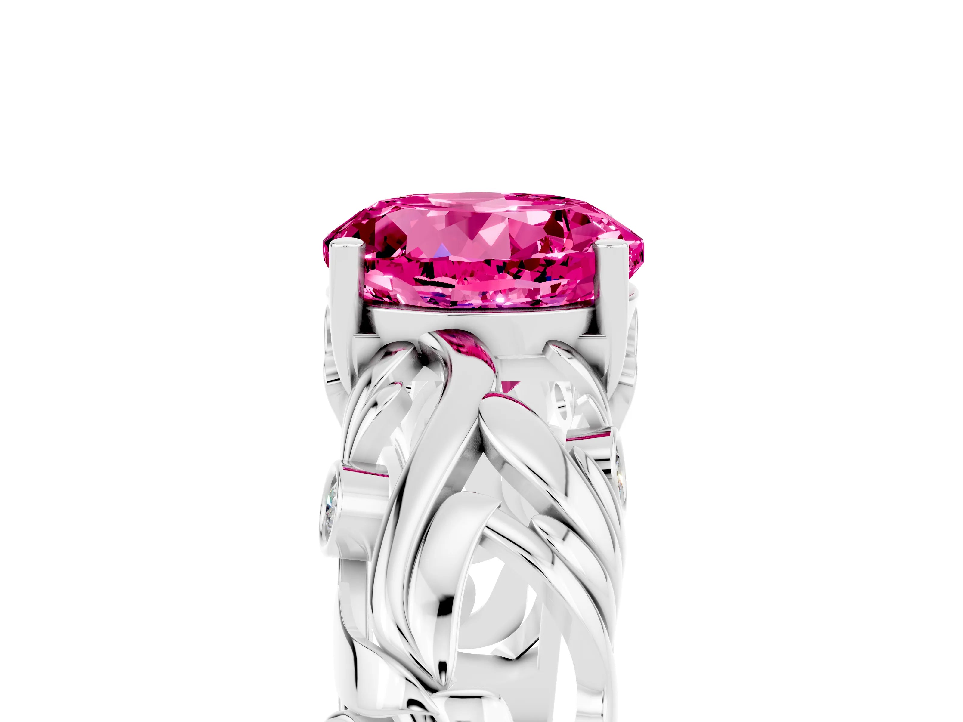 White gold Round Cut Solitaire Pink Sapphire Leaf-Inspired Vine Band Ring with Prong Setting_29