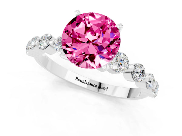White gold Round Cut Solitaire Pink Sapphire Ring with Pave Band and Four-Prong Setting