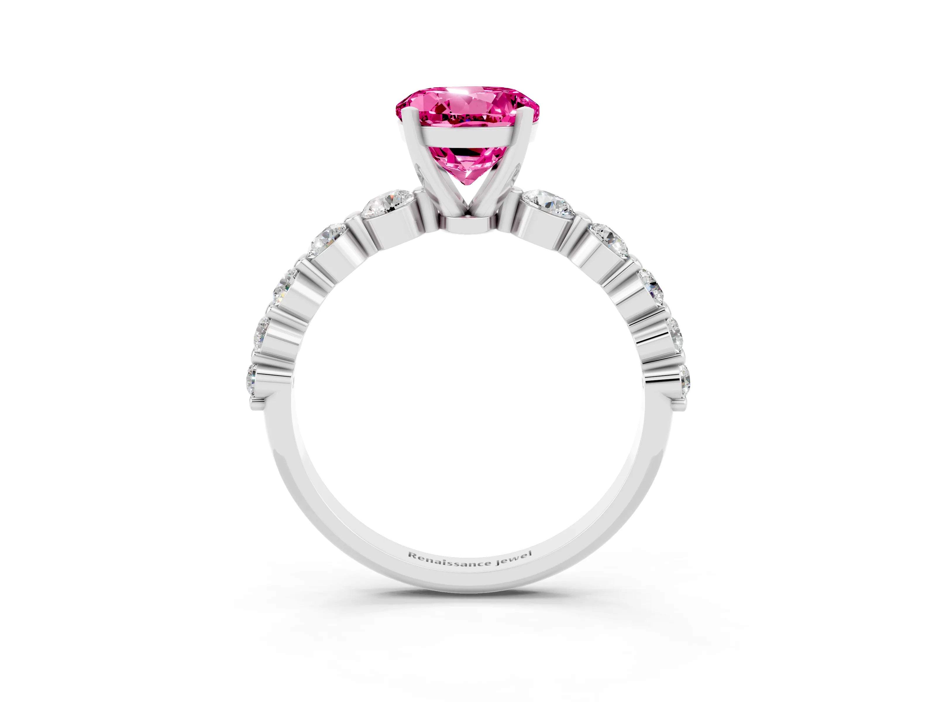 White gold Round Cut Solitaire Pink Sapphire Ring with Pave Band and Four-Prong Setting_27