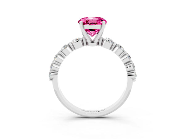 White gold Round Cut Solitaire Pink Sapphire Ring with Pave Band and Four-Prong Setting