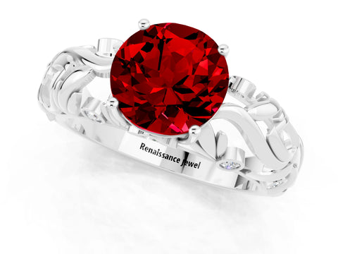 White gold Round Cut Solitaire Ruby Leaf-Inspired Vine Band Ring with Prong Setting_1