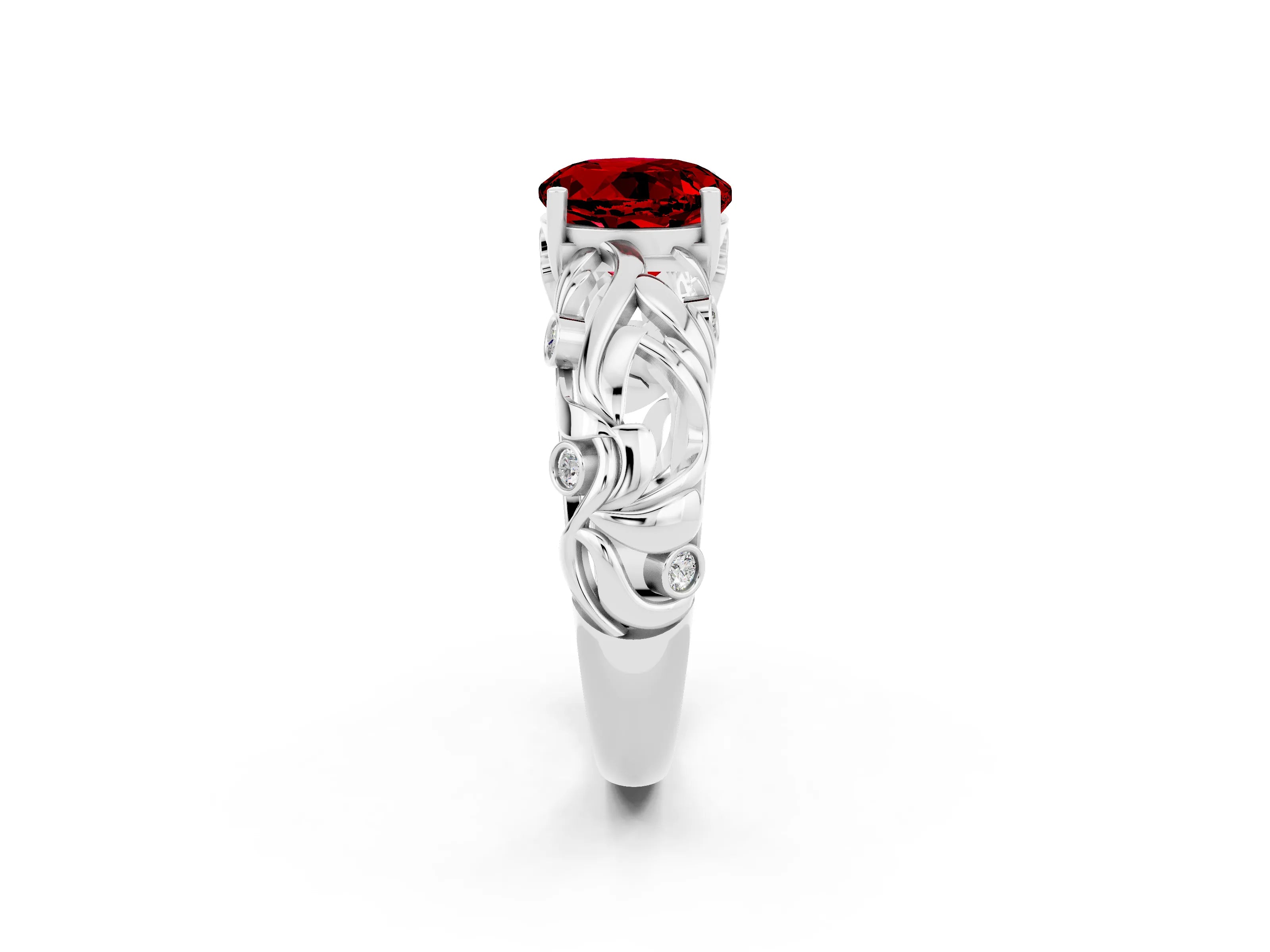 White gold Round Cut Solitaire Ruby Leaf-Inspired Vine Band Ring with Prong Setting_2
