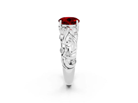 White gold Round Cut Solitaire Ruby Leaf-Inspired Vine Band Ring with Prong Setting_2