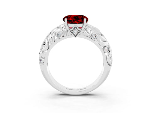 White gold Round Cut Solitaire Ruby Leaf-Inspired Vine Band Ring with Prong Setting_3