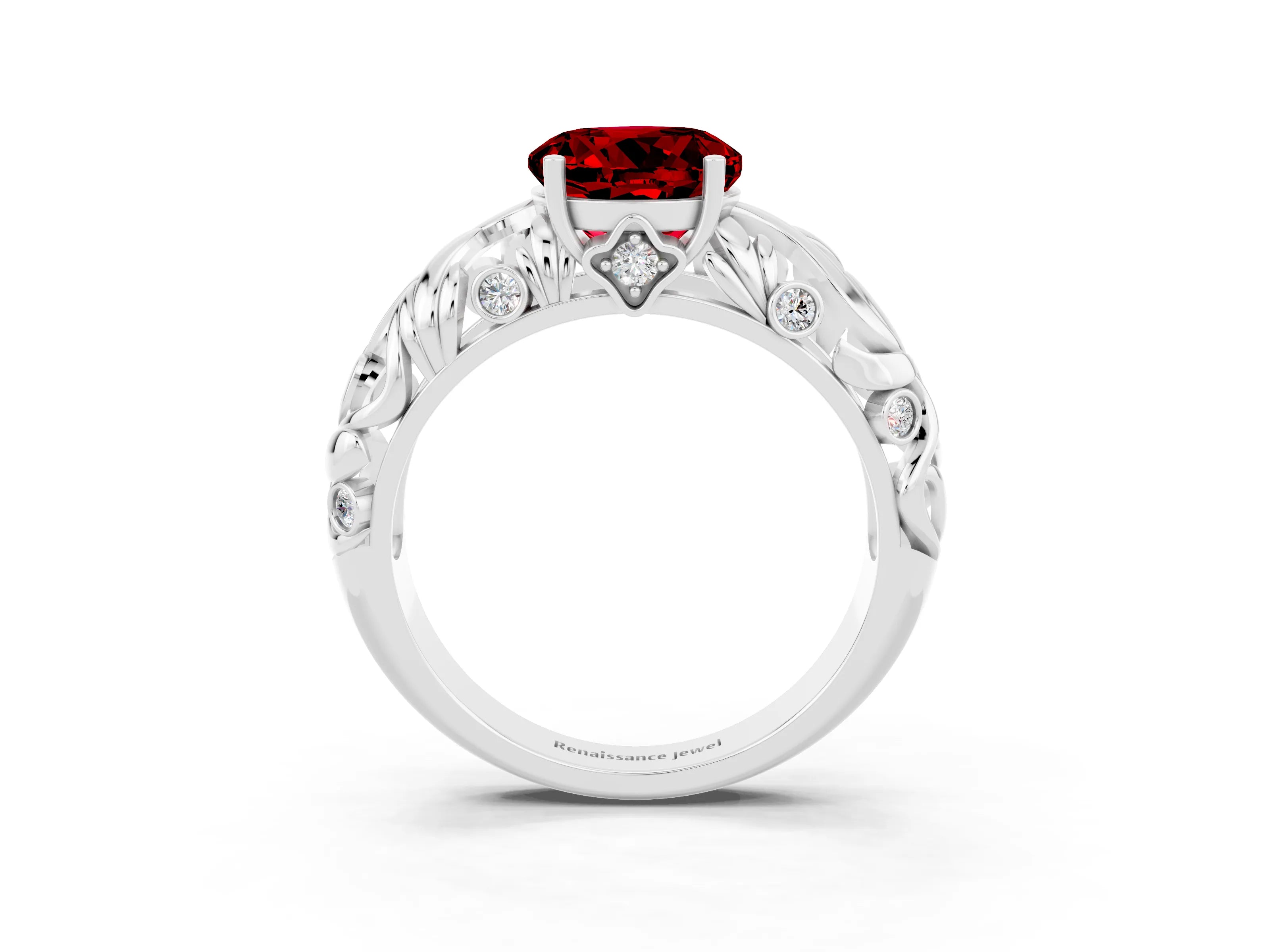 White gold Round Cut Solitaire Ruby Leaf-Inspired Vine Band Ring with Prong Setting_3