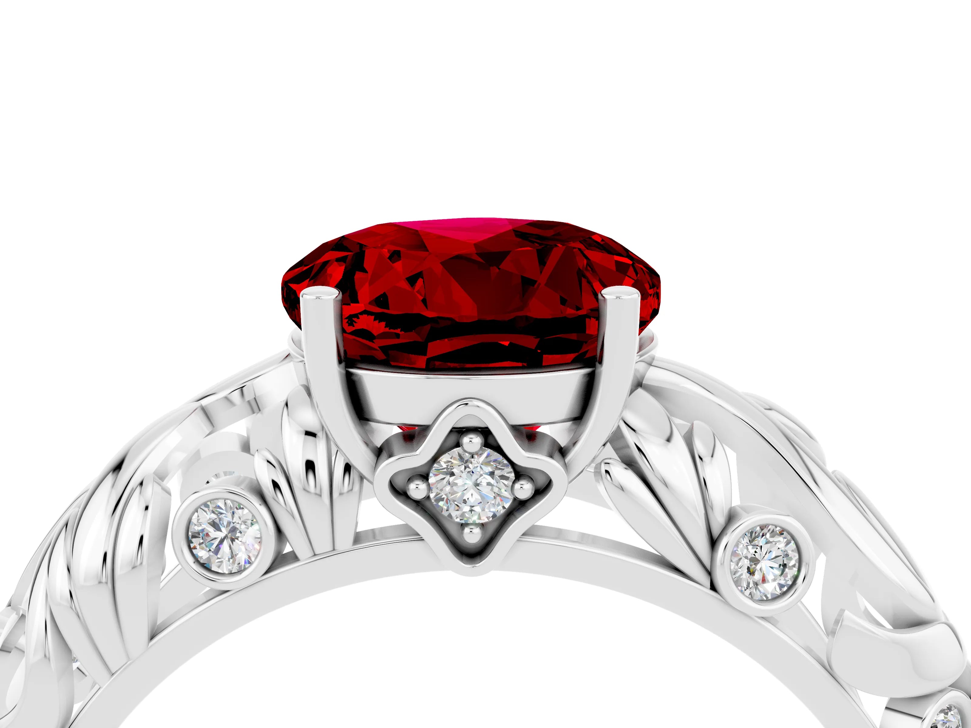 White gold Round Cut Solitaire Ruby Leaf-Inspired Vine Band Ring with Prong Setting_4