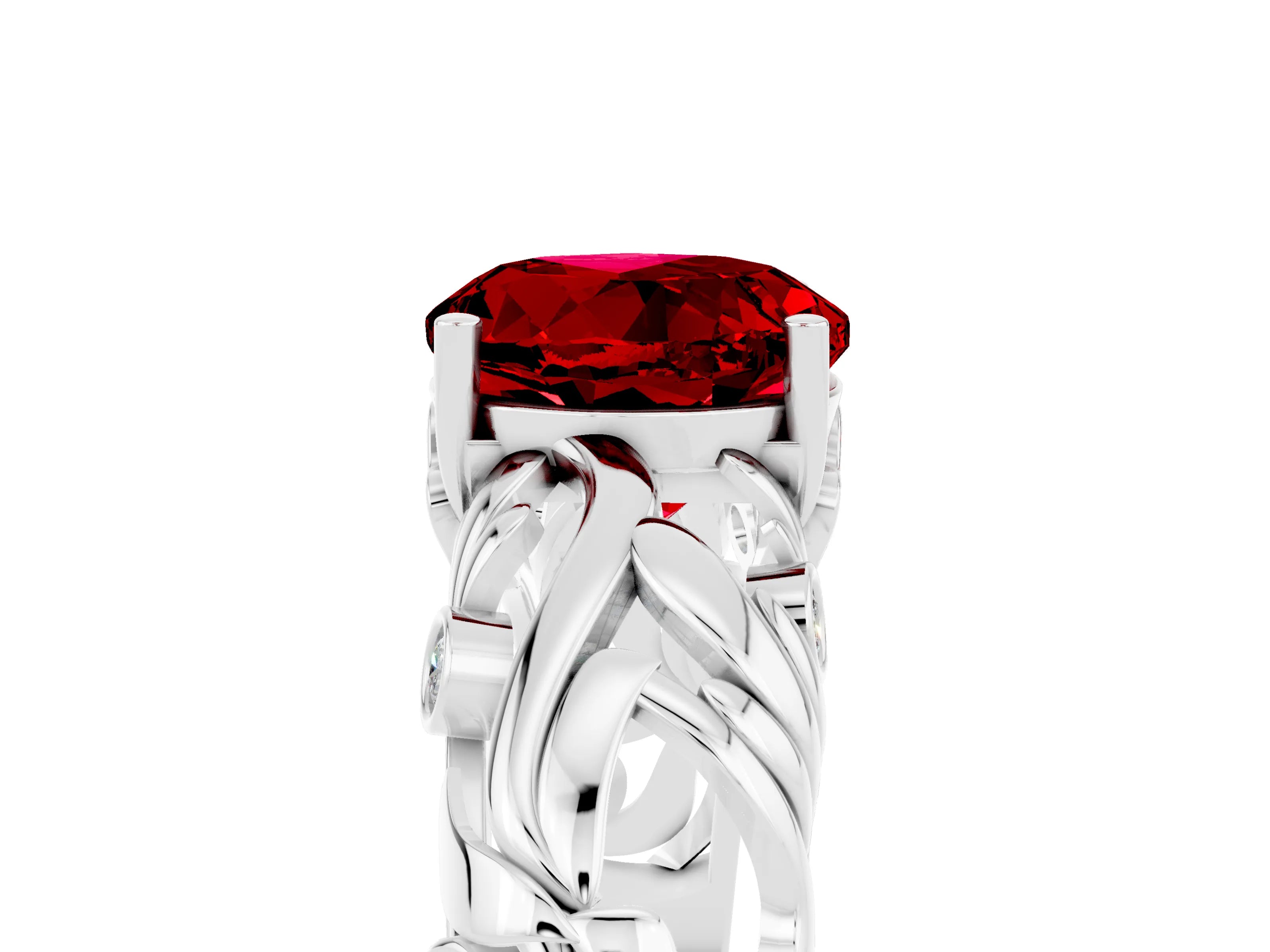 White gold Round Cut Solitaire Ruby Leaf-Inspired Vine Band Ring with Prong Setting_5