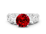 White gold Round Cut Solitaire Ruby Leaf-Inspired Vine Band Ring with Prong Setting