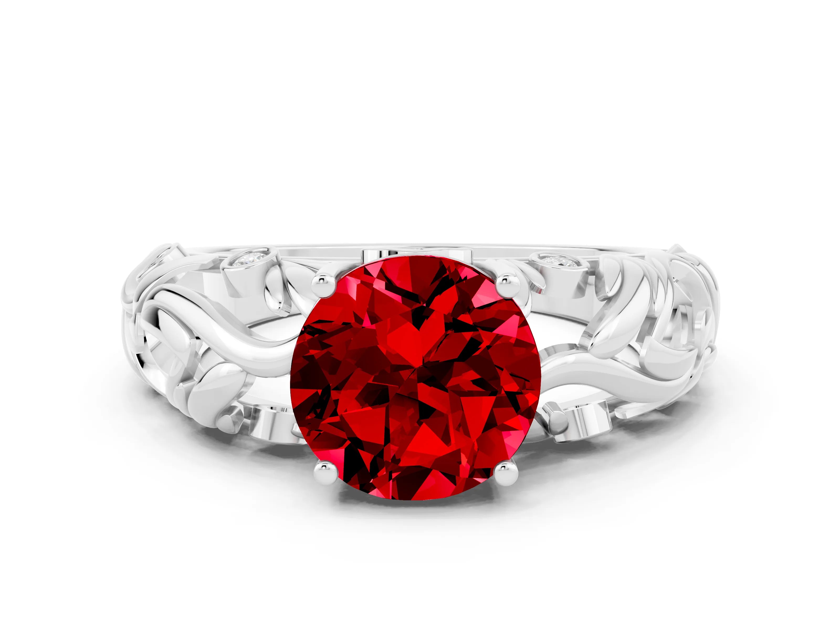 White gold Round Cut Solitaire Ruby Leaf-Inspired Vine Band Ring with Prong Setting