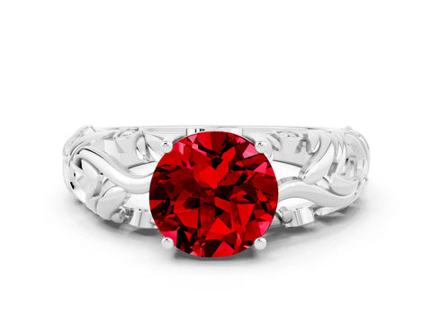 White gold Round Cut Solitaire Ruby Leaf-Inspired Vine Band Ring with Prong Setting