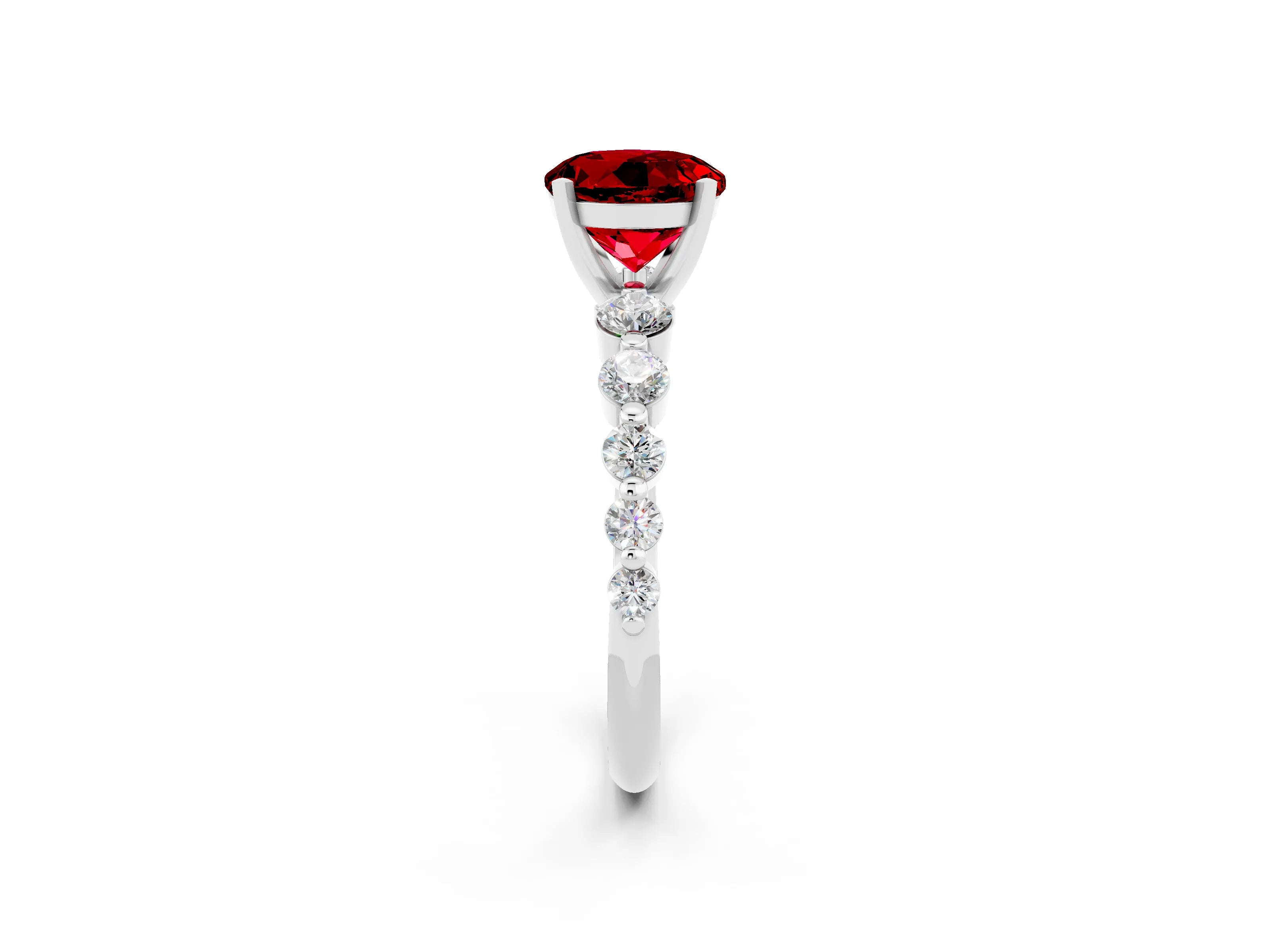 White gold Round Cut Solitaire Ruby Ring with Pave Band and Four-Prong Setting_2