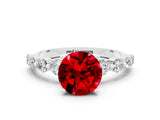 White gold Round Cut Solitaire Ruby Ring with Pave Band and Four-Prong Setting