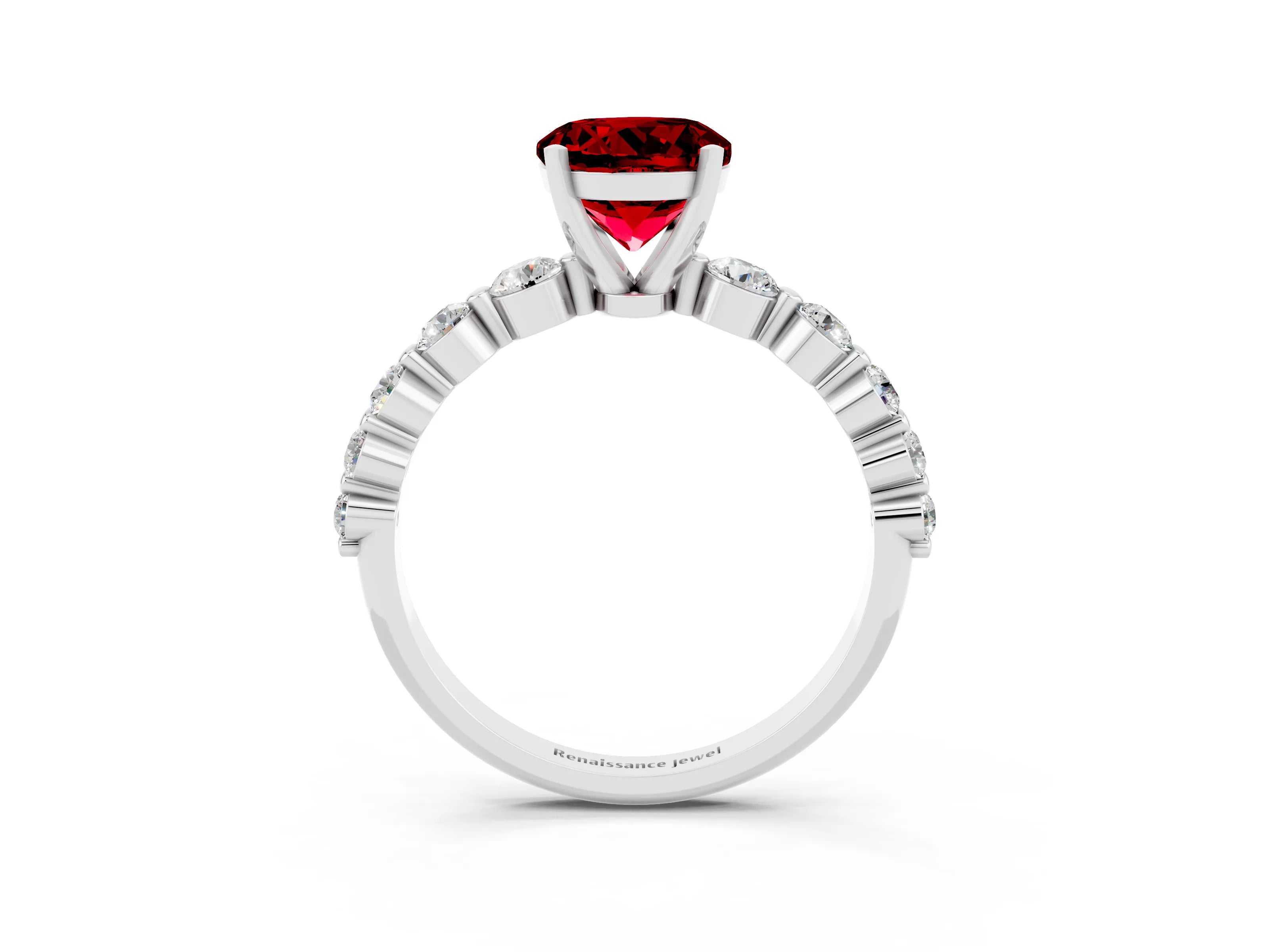 White gold Round Cut Solitaire Ruby Ring with Pave Band and Four-Prong Setting_3