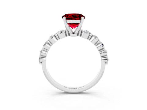 White gold Round Cut Solitaire Ruby Ring with Pave Band and Four-Prong Setting_3