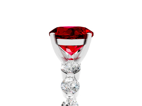 White gold Round Cut Solitaire Ruby Ring with Pave Band and Four-Prong Setting_5