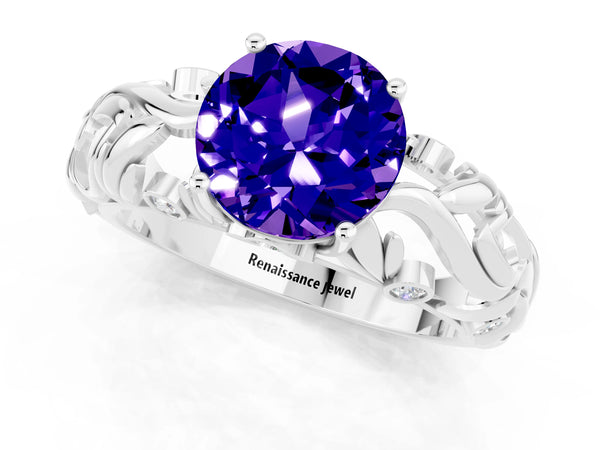 Platinum Round Cut Solitaire Tanzanite Leaf-Inspired Vine Band Ring with Prong Setting