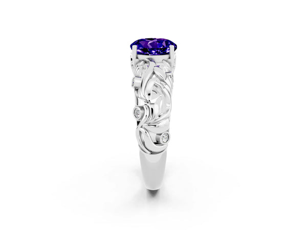 Platinum Round Cut Solitaire Tanzanite Leaf-Inspired Vine Band Ring with Prong Setting