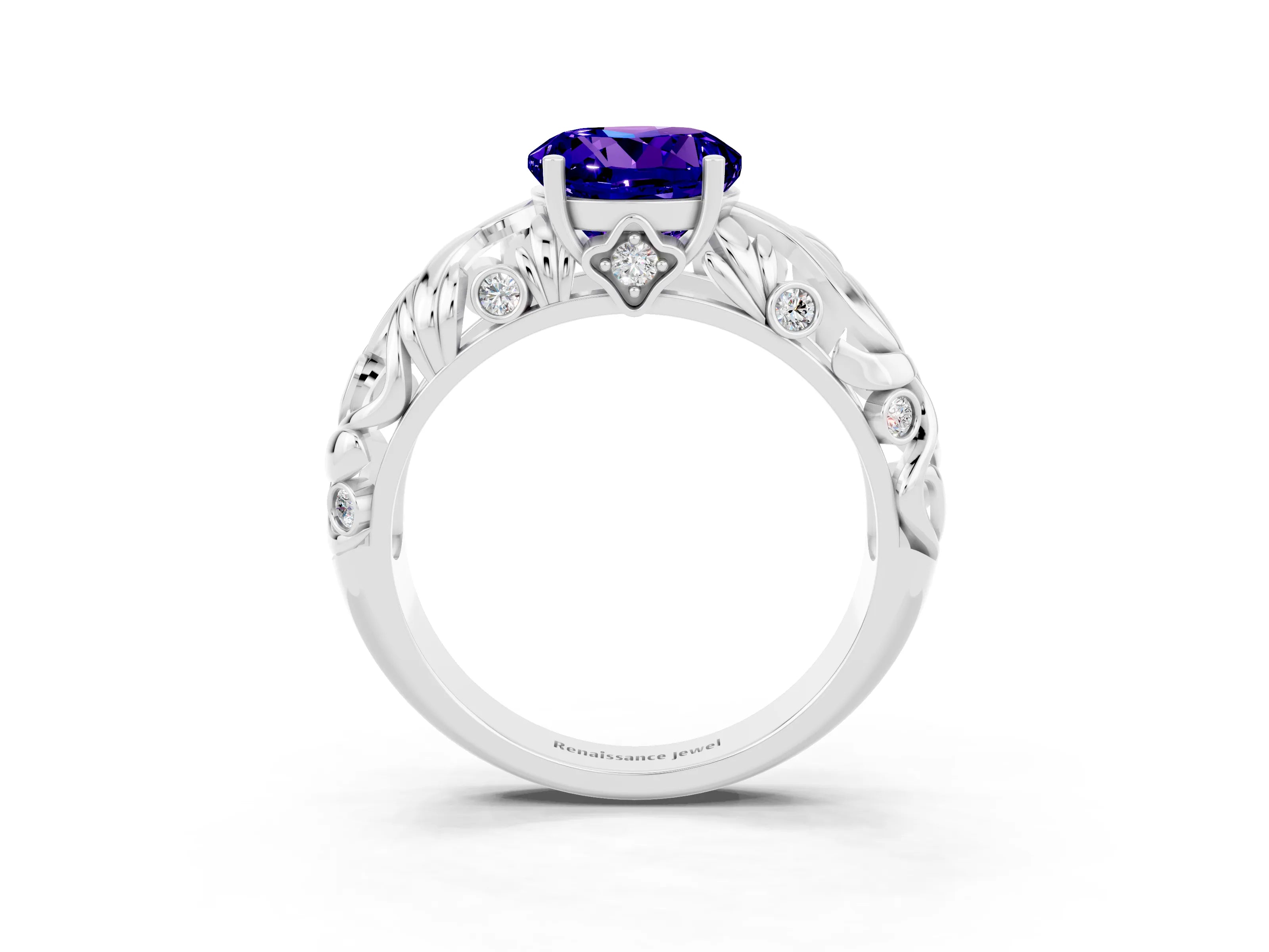 White gold Round Cut Solitaire Tanzanite Leaf-Inspired Vine Band Ring with Prong Setting_3