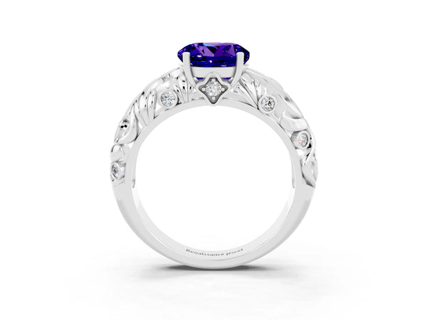 White gold Round Cut Solitaire Tanzanite Leaf-Inspired Vine Band Ring with Prong Setting