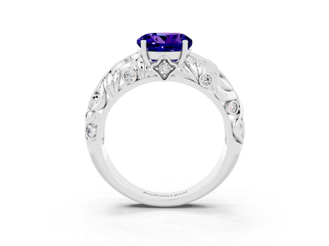 White gold Round Cut Solitaire Tanzanite Leaf-Inspired Vine Band Ring with Prong Setting_3