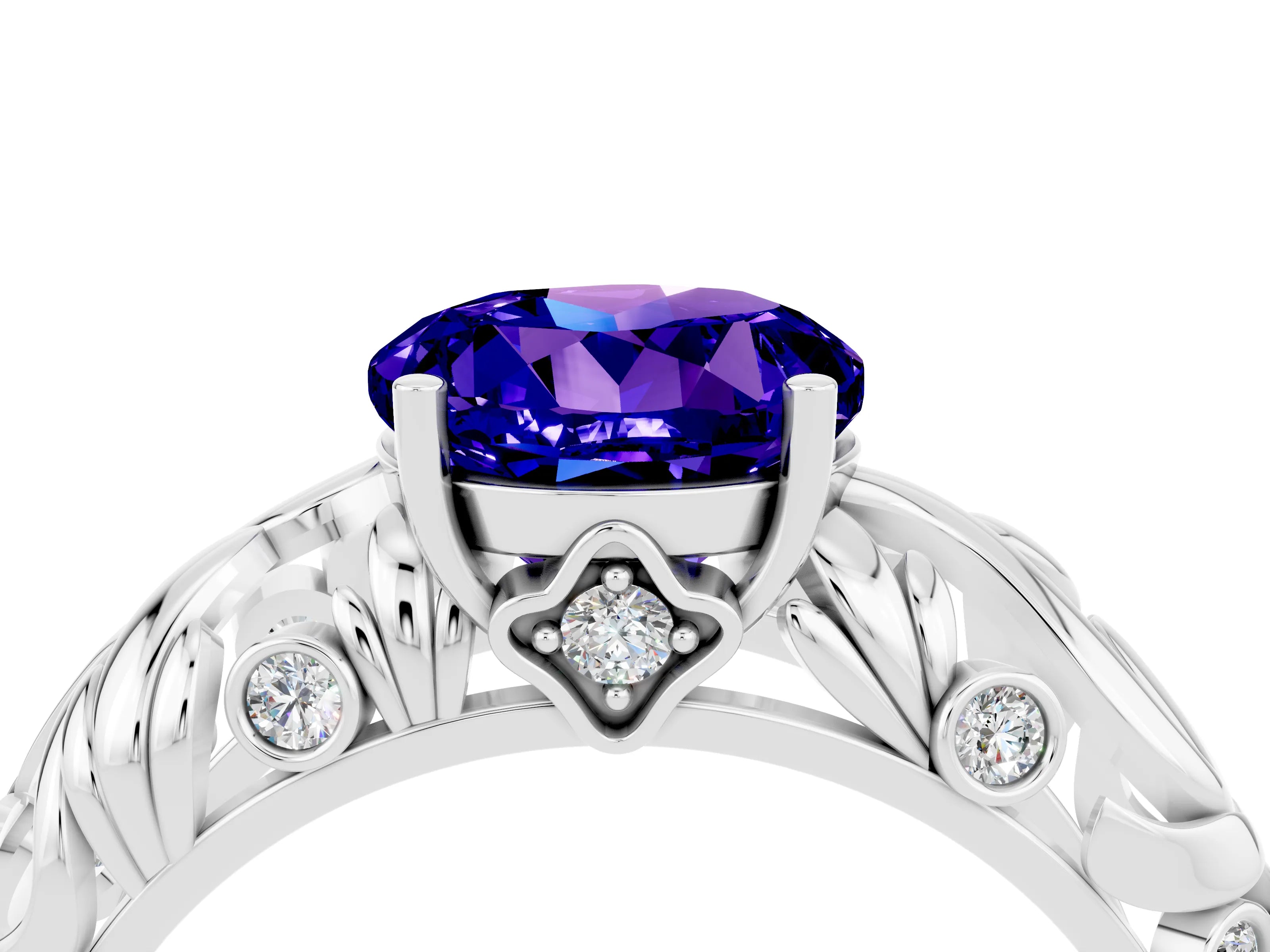 White gold Round Cut Solitaire Tanzanite Leaf-Inspired Vine Band Ring with Prong Setting_4