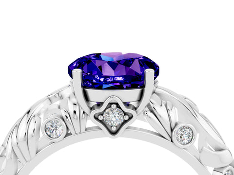 White gold Round Cut Solitaire Tanzanite Leaf-Inspired Vine Band Ring with Prong Setting_4
