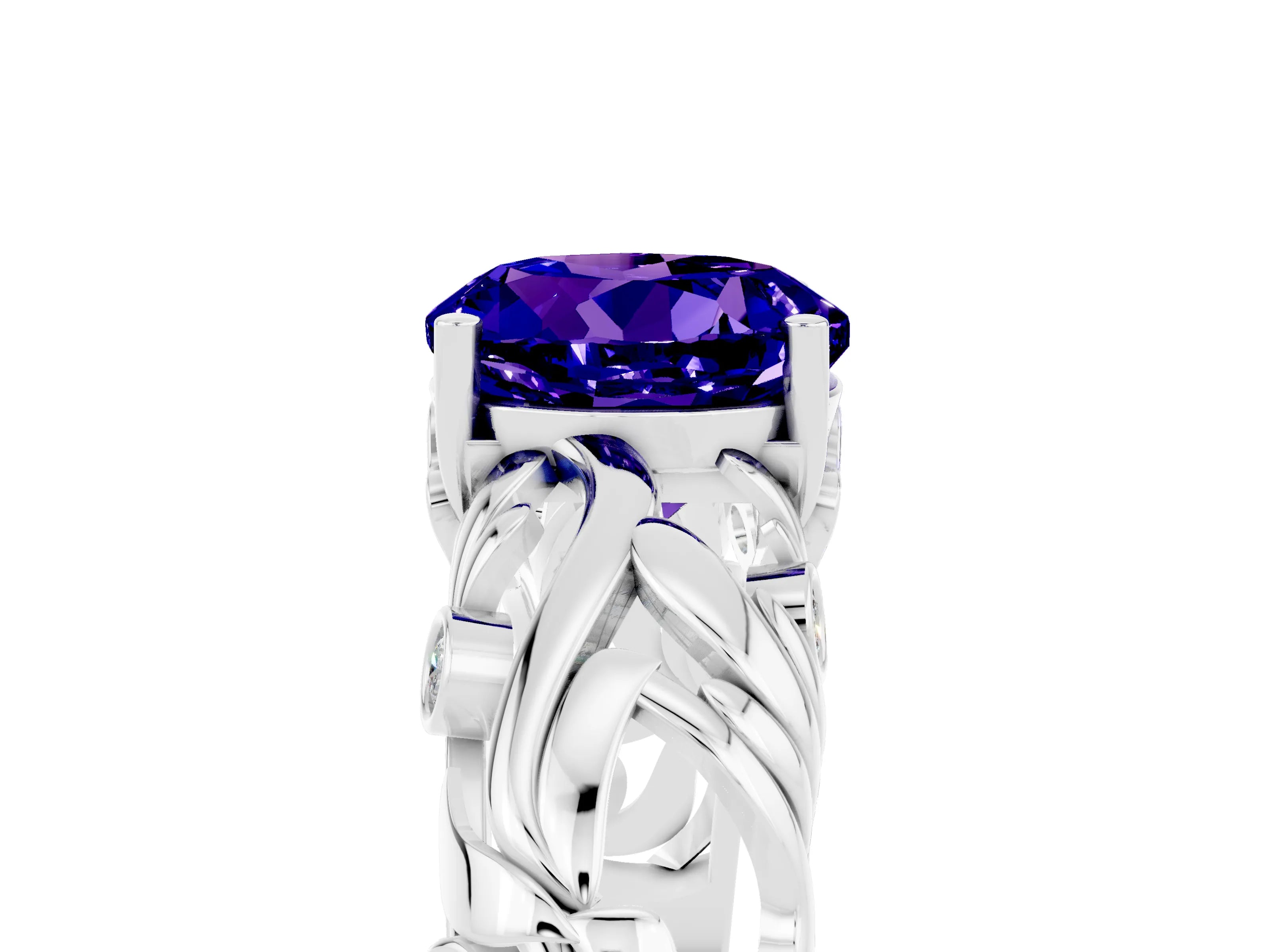 White gold Round Cut Solitaire Tanzanite Leaf-Inspired Vine Band Ring with Prong Setting_5
