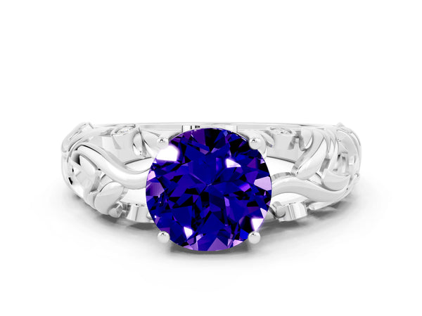 White gold Round Cut Solitaire Tanzanite Leaf-Inspired Vine Band Ring with Prong Setting