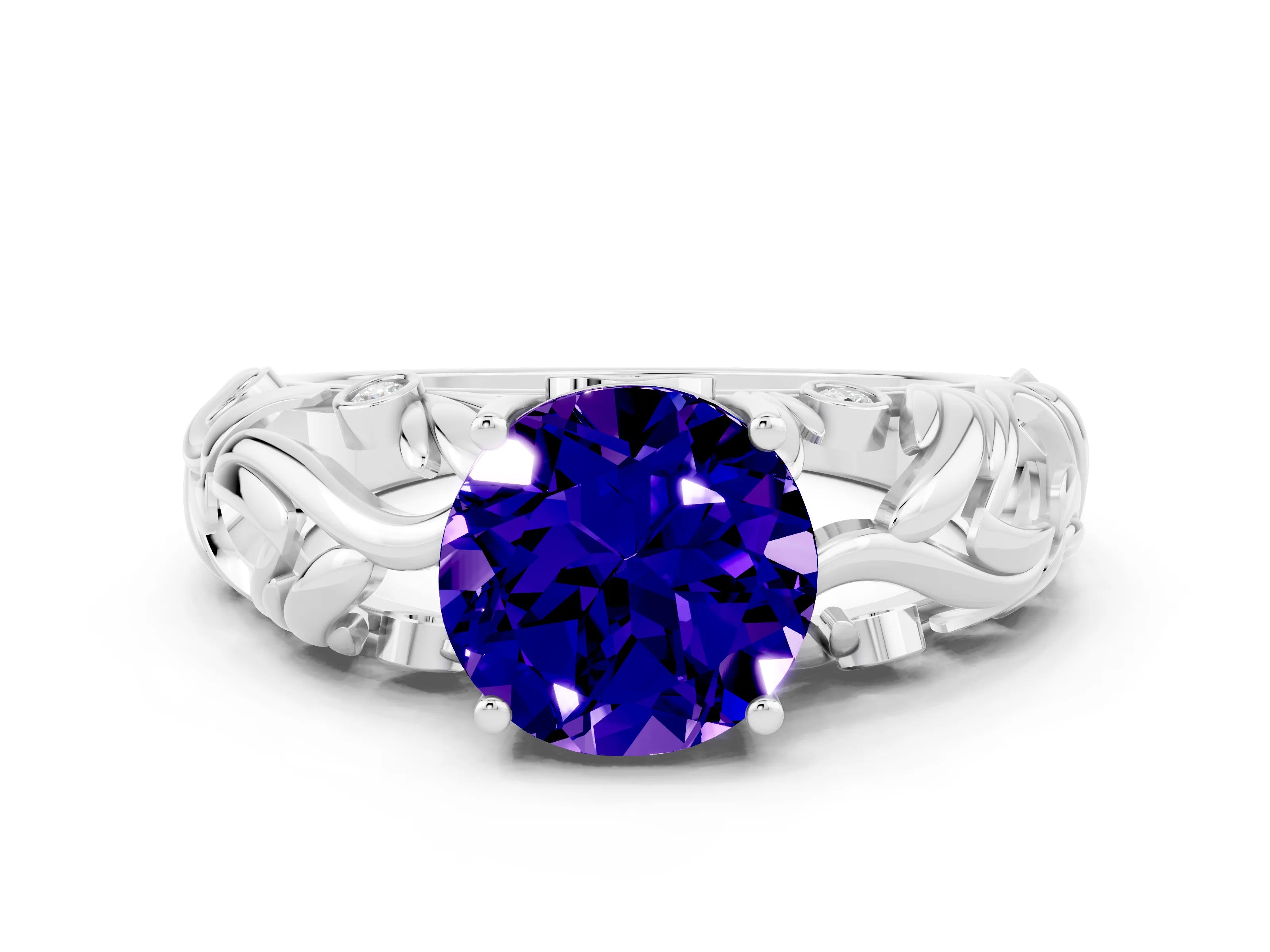 White gold Round Cut Solitaire Tanzanite Leaf-Inspired Vine Band Ring with Prong Setting