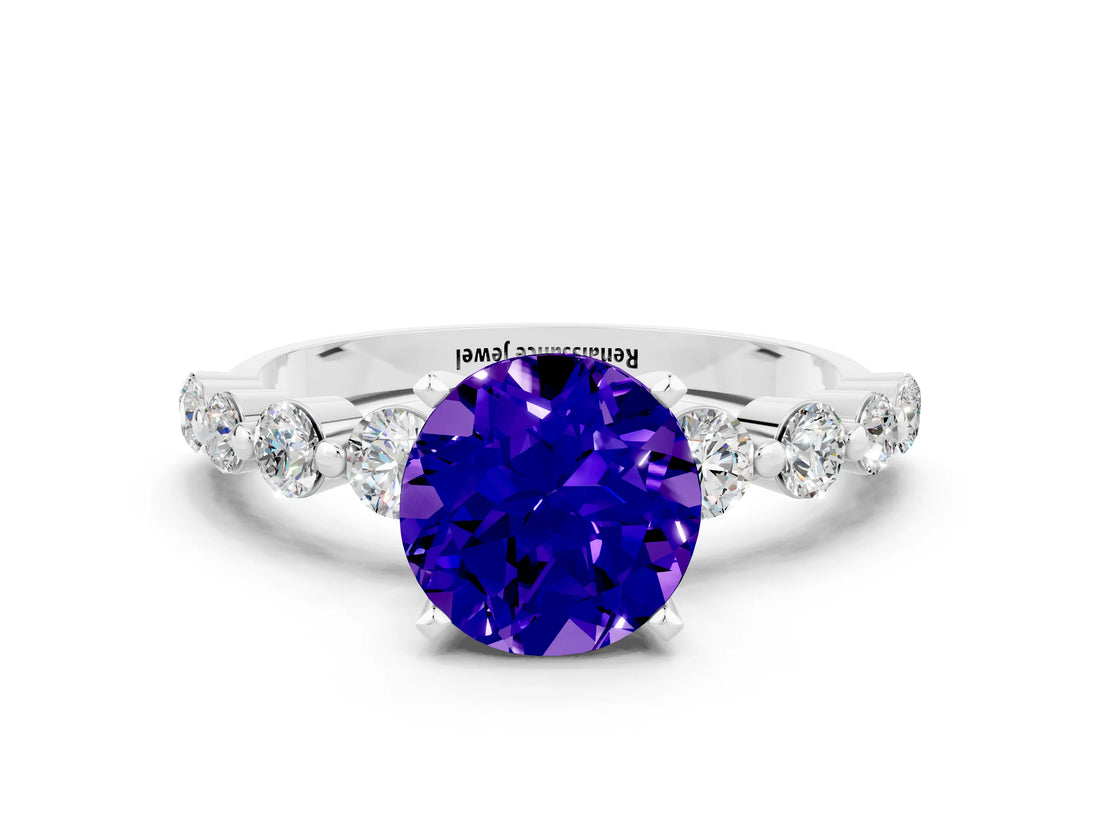 White gold Round Cut Solitaire Tanzanite Ring with Pave Band and Four-Prong Setting